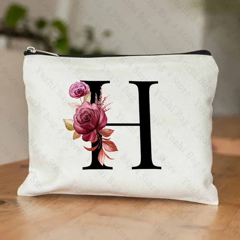 26 Letters Flower Makeup Bag Printed Bridesmaid Wedding Gift Graduation Teacher's Day Gift Storage Bag Travel perfume Side Bag