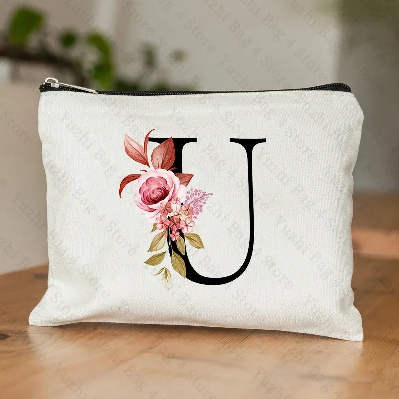 26 Letters Flower Makeup Bag Printed Bridesmaid Wedding Gift Graduation Teacher's Day Gift Storage Bag Travel perfume Side Bag
