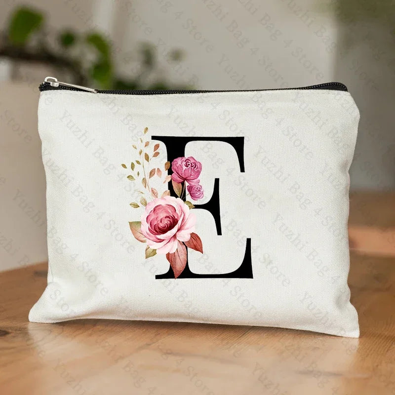 26 Letters Flower Makeup Bag Printed Bridesmaid Wedding Gift Graduation Teacher's Day Gift Storage Bag Travel perfume Side Bag