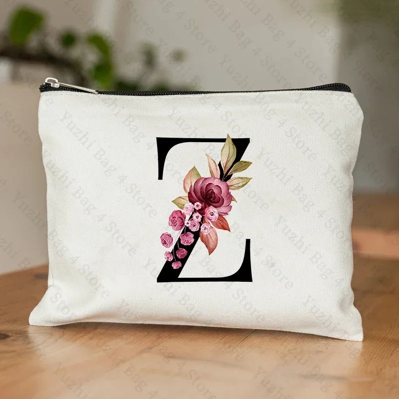 26 Letters Flower Makeup Bag Printed Bridesmaid Wedding Gift Graduation Teacher's Day Gift Storage Bag Travel perfume Side Bag