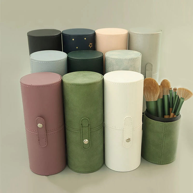 PU Leather Makeup Brush Bucket Portable Travel Cosmetic Bag Multi-Function Dust-Proof Waterproof Makeup Brush Cylinder