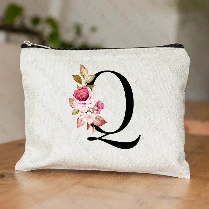 26 Letters Flower Makeup Bag Printed Bridesmaid Wedding Gift Graduation Teacher's Day Gift Storage Bag Travel perfume Side Bag