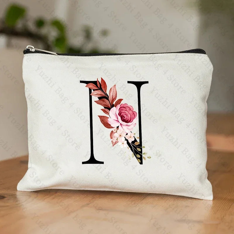 26 Letters Flower Makeup Bag Printed Bridesmaid Wedding Gift Graduation Teacher's Day Gift Storage Bag Travel perfume Side Bag