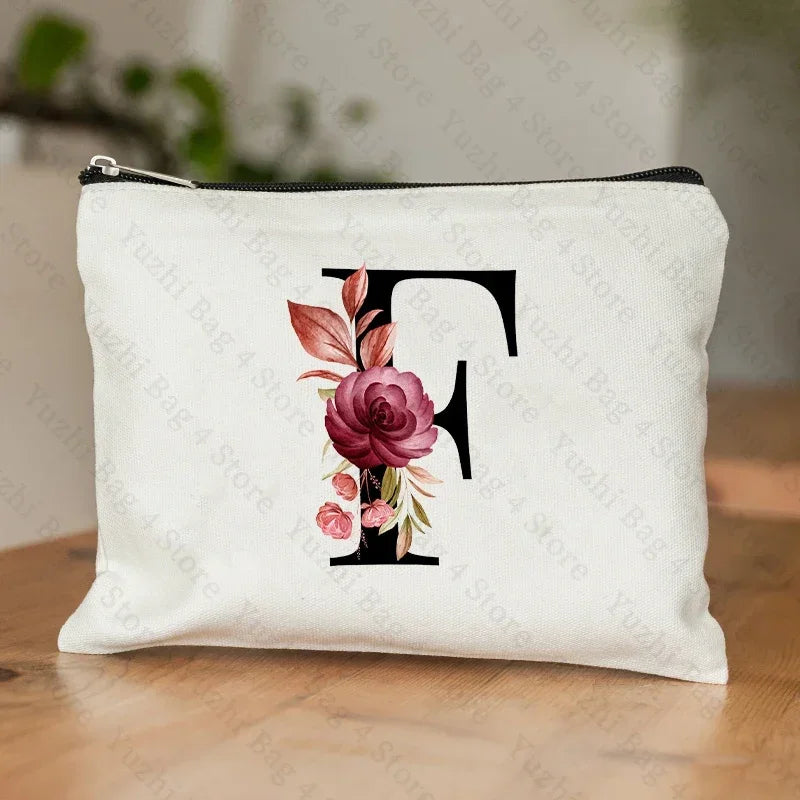 26 Letters Flower Makeup Bag Printed Bridesmaid Wedding Gift Graduation Teacher's Day Gift Storage Bag Travel perfume Side Bag