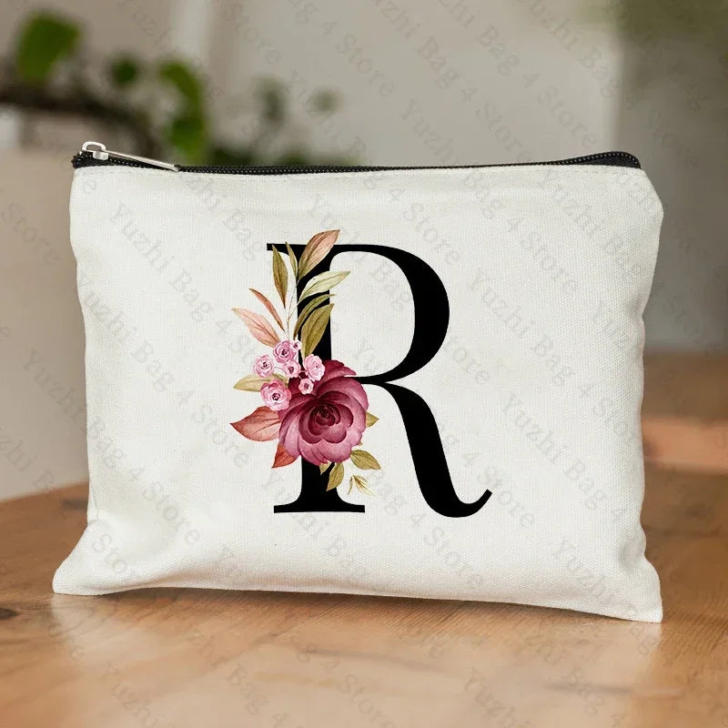 26 Letters Flower Makeup Bag Printed Bridesmaid Wedding Gift Graduation Teacher's Day Gift Storage Bag Travel perfume Side Bag