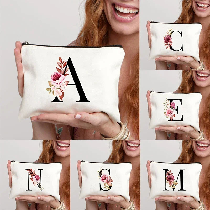 26 Letters Flower Makeup Bag Printed Bridesmaid Wedding Gift Graduation Teacher's Day Gift Storage Bag Travel perfume Side Bag