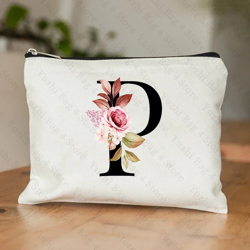 26 Letters Flower Makeup Bag Printed Bridesmaid Wedding Gift Graduation Teacher's Day Gift Storage Bag Travel perfume Side Bag