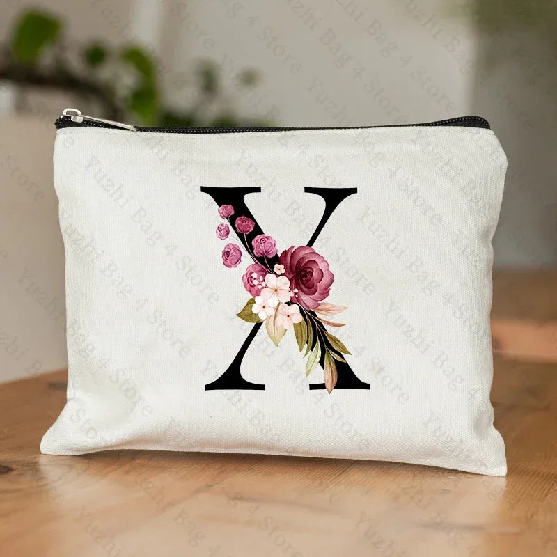 26 Letters Flower Makeup Bag Printed Bridesmaid Wedding Gift Graduation Teacher's Day Gift Storage Bag Travel perfume Side Bag